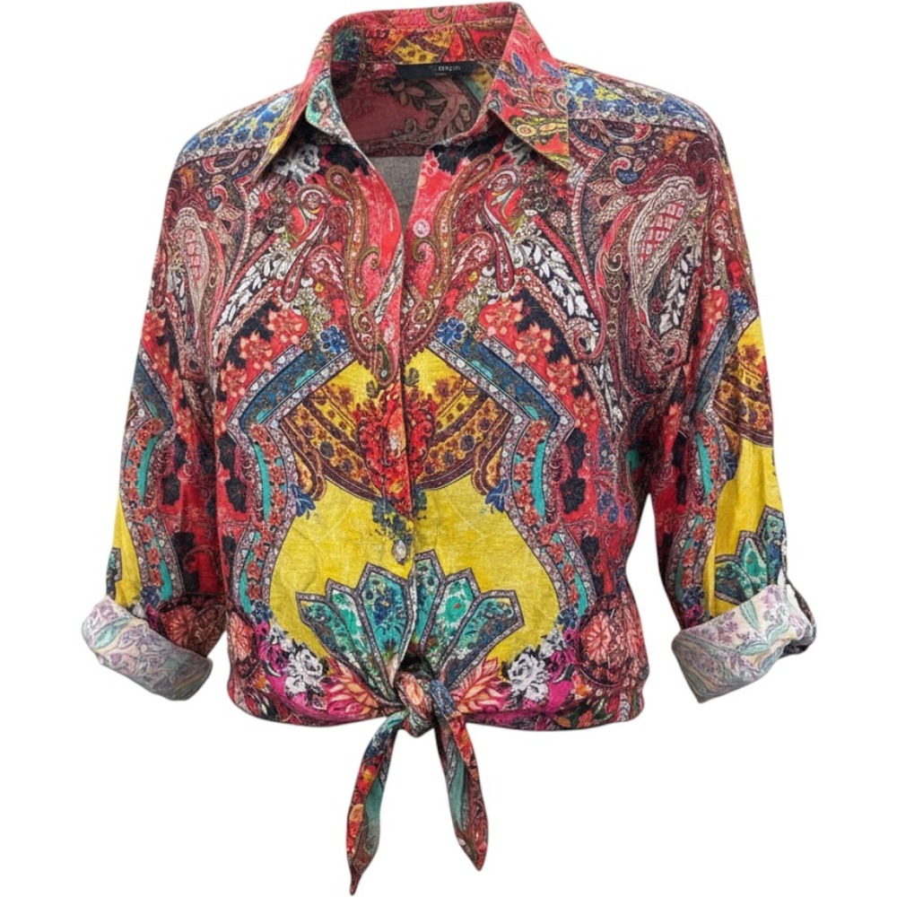 Rhea Womens Small Paisley Floral Tie Front Button Down Viscose Shirt Multi-Color